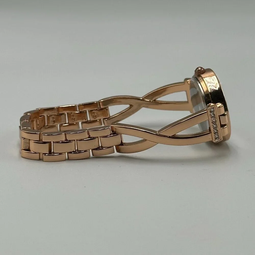 Rhinestone Watch Matching Bracelet Set Women Rose Gold Tone New Battery 7.25